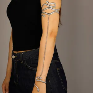 Detail van een zilveren slangenvormige armmanchet verbonden met een bijpassende armband.
