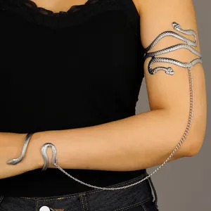 Zilveren slangvormige bovenarmband verbonden met ketting aan bijpassende armband