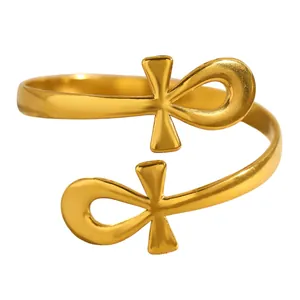 Bracelet jonc ouvert en acier doré avec symboles égyptiens Ankh, design chic