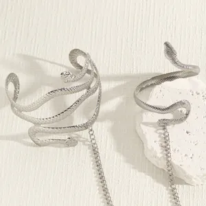 Detailweergave van de vintage zilveren metalen slangenvormige armmanchet en armband