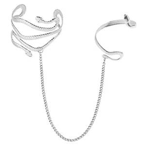 Detailweergave van zilveren retro slangenarmring en armband verbonden door ketting