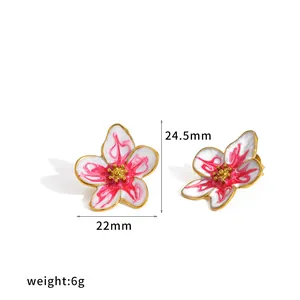 Detailed view of pink and white enamel flower earrings with dimensions and weight info.
