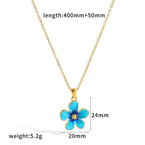 Detailed view of the blue enamel flower pendant necklace showing precise measurements and dimensions