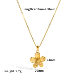 Detail view of 18k gold plated stainless steel flower necklace with measurements.