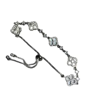 Adjustable sparkling zircon flower bracelet with mother of pearl inlay for women