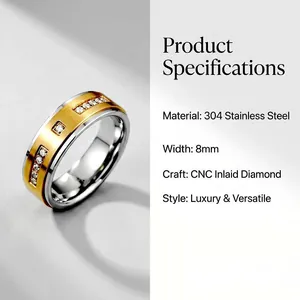 Bague élégante 8mm en acier inoxydable 304 bicolore avec cristaux étincelants CNC