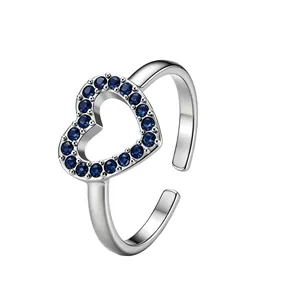 Zilveren open hart ring met blauwe kristallen, verstelbare minimalistische sieraad voor dames
