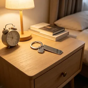 Detailed view of a polished stainless steel bar and heart keychain on a nightstand.