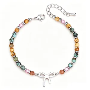 Braccialetto con Perline in Pietra di Pino Africano da 4mm Fatto a Mano Con Ciondolo a Fiocco in Acciaio Inossidabile 316L Gioielli in Pietra Naturale per Regalo di Compleanno per Ragazze