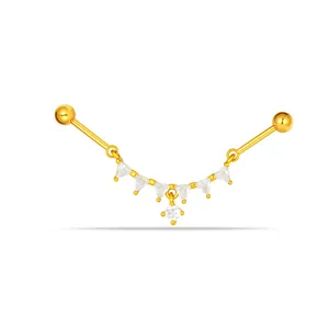 Gold plated stainless steel industrial bar earring with sparkling zirconia bridge