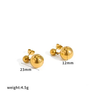 Minimalist stainless steel gold double ball stud earrings with 12mm bead and 4.5g weight