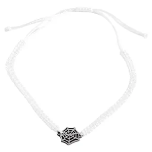 Close-up detail of white braided Halloween bracelet with silver spider web charm