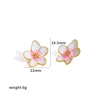 Elegant enamel flower stud earrings in white and pink with 18k gold plated stainless steel