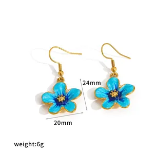 Elegant blue enamel flower drop earrings with 18k gold plated stainless steel hooks
