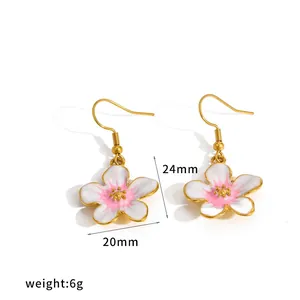 Pink and white enamel flower dangle earrings with gold plated stainless steel hooks