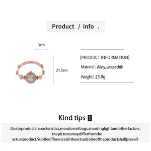 Detail view of rose gold floral crystal watch with measurements and material specifications.