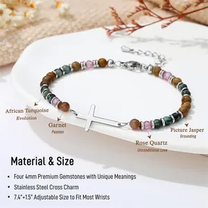 Detailed view of 4mm gemstone bracelet with stainless steel cross and size info.