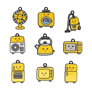 Detailed view of nine yellow cartoon household appliance alloy charms with smiley faces