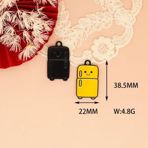 Close-up detail of cute cartoon refrigerator enamel charms showing 38.5mm length and 4.8g weight