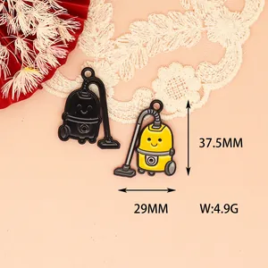 Detail view of cartoon vacuum cleaner alloy charms with 37.5mm and 29mm size markings.