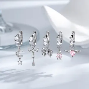 Boucles d'Oreilles Anneaux Y2K Spice Girl en Cuivre Zirconia Pendentifs Étoile Lune Nœud Arête de Poisson Ailes de Coeur Bijoux de Piercing Style Millénaire