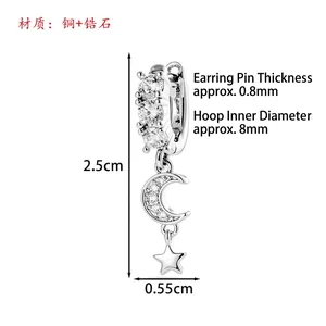Élégante boucle d'oreille Y2K avec pendentifs étoile et lune sertis de zircon, longueur 2,5 cm