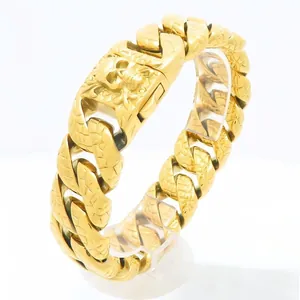 Schweres 20mm Gold-Panzerarmband mit Eisriss-Textur und Totenkopf-Verschlussdetail