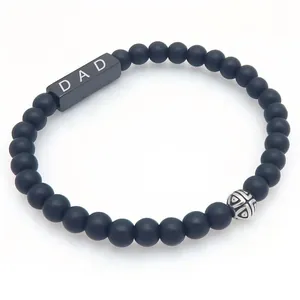 Men's black matte agate bead bracelet with engraved DAD stainless steel bar for Father's Day