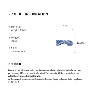 Blue acrylic bow hair clip size and material product information details infographic