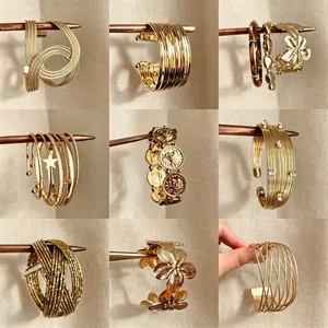 Bracciali Rigidi in Metallo Pesante Esagerati in Stile Europeo per Donna Orecchini Vintage Oro Argento Strass Bracciali a Fiore Gioielli