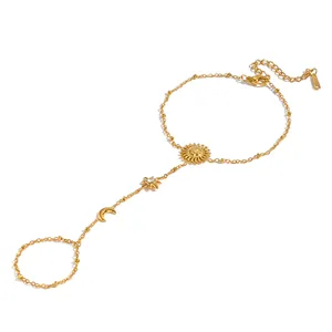 Bracciale anello in acciaio inossidabile dorato con motivi sole luna e stelle per donna