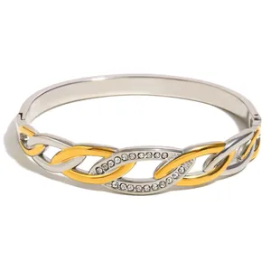 Brazalete bicolor de acero inoxidable chapado en oro 18K con cristales brillantes