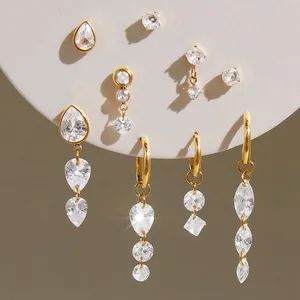 Original Boucles d'Oreilles en Acier Inoxydable Or Zirconia Ensemble pour Femmes Hypoallergénique Goutte d'Eau Gland Clous d'Oreilles Bijoux de Mode Luxe