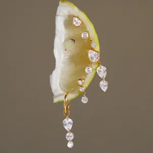 Détail exquis de boucles d'oreilles en acier inoxydable doré avec zircone sur citron