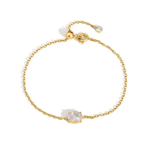 18K gold plated stainless steel bracelet with oval white zircon and adjustable slider