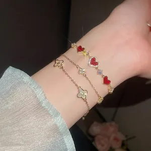 Luxuriöses 14K Vergoldetes Muschel Blumen Herz Armband Für Damen Strass Kleeblatt Handkette Eleganter Handschmuck Geschenk