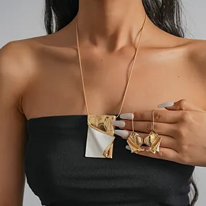 Original Alloy Enamel Flip Book Pendant Necklace And Crinkled Gold Earrings For Women Creative Fashion Sweater Chain Jewelry