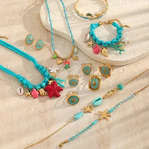 Marine Style Stainless Steel 18K Gold Plated Starfish Sea Turtle Enamel Blue Drip Oil Necklace Earrings Ring Bangle Jewelry For Women