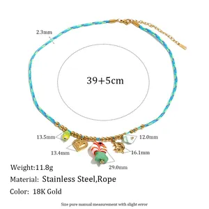 Detail view of blue braided necklace with dimensions and stainless steel material info.
