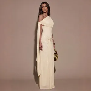 Elegant cream off-shoulder maxi dress with twist knot detail for women's evening wear