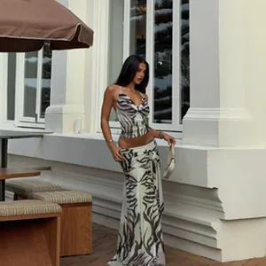 Elegant zebra print halter top and maxi skirt two-piece set for women's summer street style