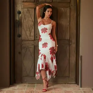 Sexy white midi dress with red floral print and ruffled asymmetrical mermaid hem