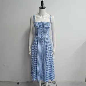 Blue and white gingham midi dress with boned bodice and elegant front tie detail.