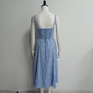 Back view of a blue and white gingham midi dress featuring a lace-up corset detail