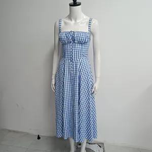 Blue and white gingham midi dress with spaghetti straps and bustier bodice