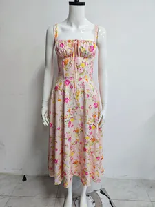 Bohemian floral print fishbone strap maxi dress with corset bodice and tie-front
