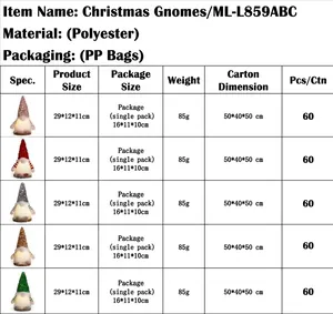 Detaillierte Spezifikationstabelle für leuchtende Weihnachtszwerge mit Paillettenhüten