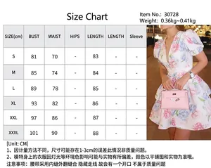 Size guide and measurement chart for elegant V-neck puff sleeve floral midi dress