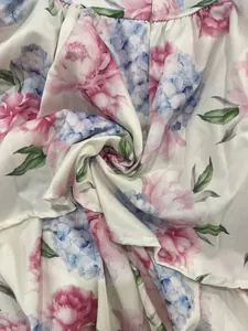 Close-up of elegant floral print fabric showing soft texture and drape of the dress