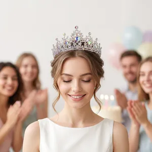 Vintage kroon met gekleurde strassteentjes gedragen op een feestelijk verjaardagsfeest